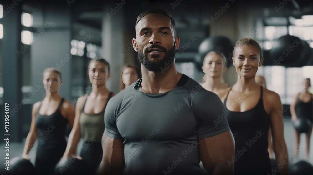 Fitness team, ball and exercise training with workout coach for healthy lifestyle motivation. Sports wellness class, muscle health and body endurance or weight bodybuilder group together on gym floor.