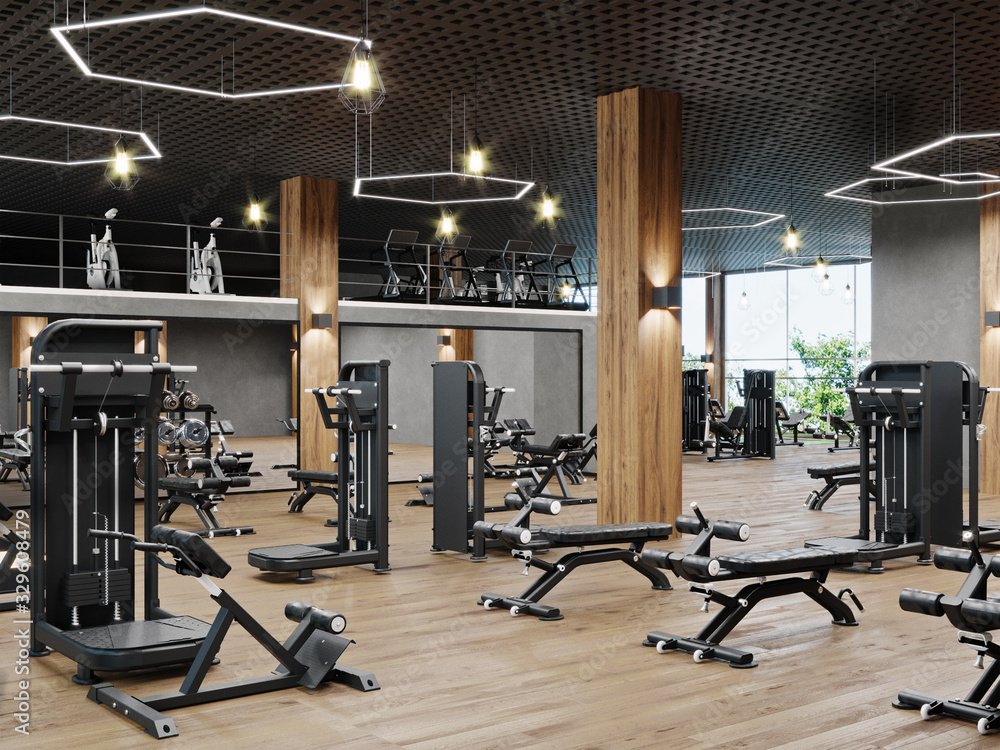 Modern gym interior with sport and fitness equipment, fitness center inteior, inteior of crossfit and workout gym, 3d rendering